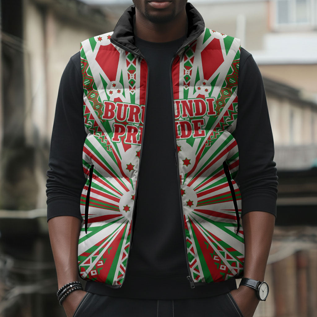 Burundi Pride Beat Of 1962 Independence Day Sleeveless Puffer Jacket Traditional Karyenda Drummer Art With Flag Sunburst Design