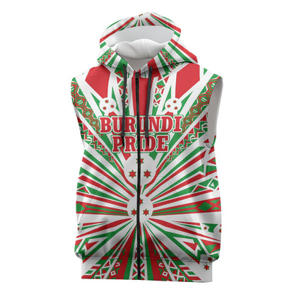 Burundi Pride Beat Of 1962 Independence Day Sleeveless Zip Hoodie Traditional Karyenda Drummer Art With Flag Sunburst Design