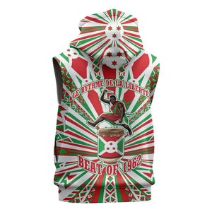 Burundi Pride Beat Of 1962 Independence Day Sleeveless Zip Hoodie Traditional Karyenda Drummer Art With Flag Sunburst Design