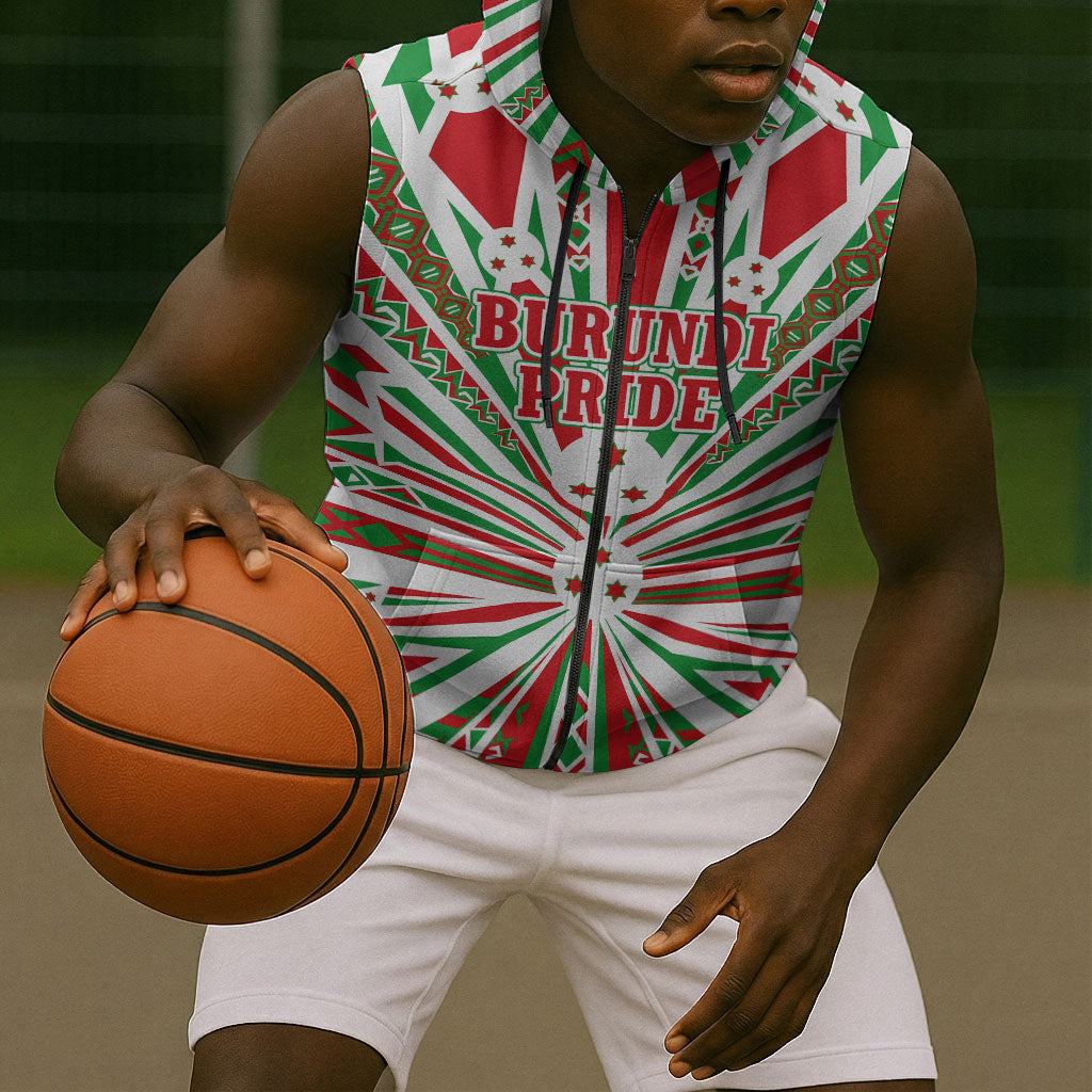 Burundi Pride Beat Of 1962 Independence Day Sleeveless Zip Hoodie Traditional Karyenda Drummer Art With Flag Sunburst Design
