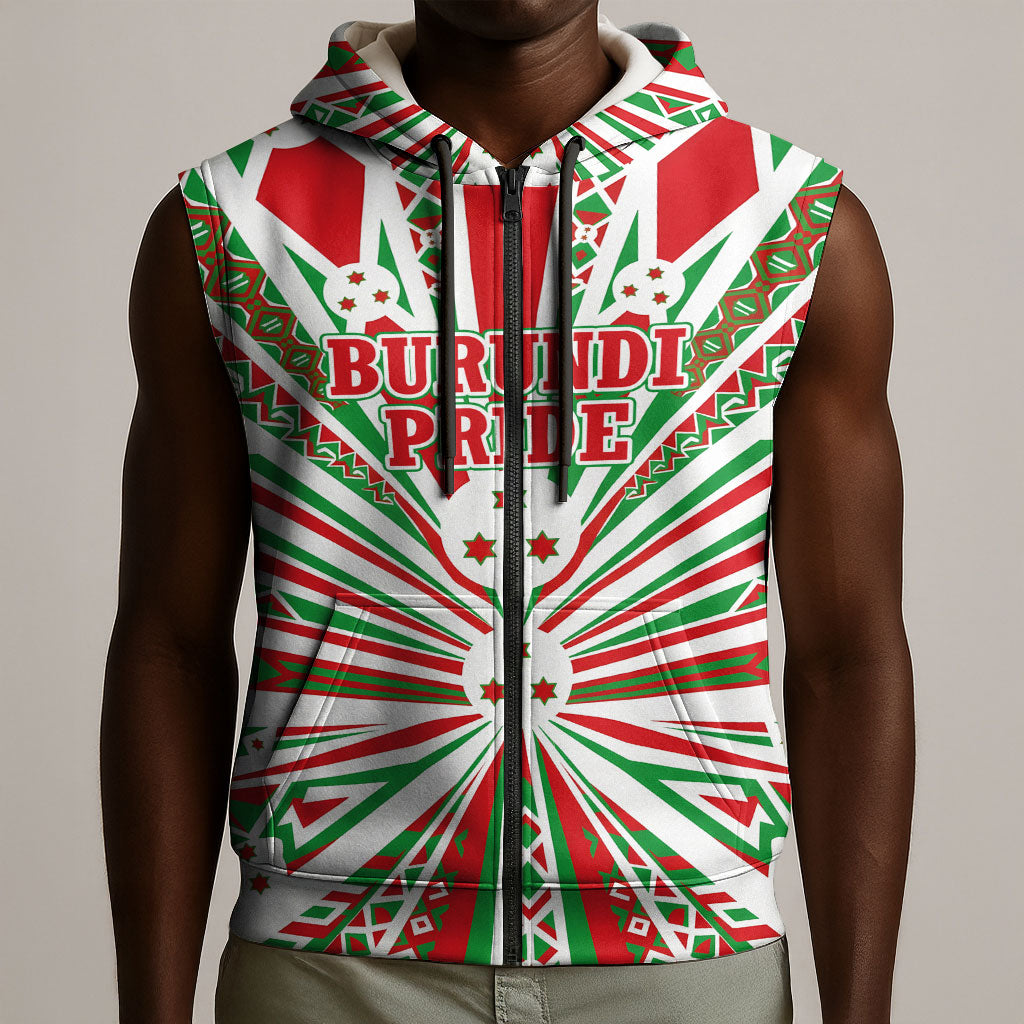 Burundi Pride Beat Of 1962 Independence Day Sleeveless Zip Hoodie Traditional Karyenda Drummer Art With Flag Sunburst Design