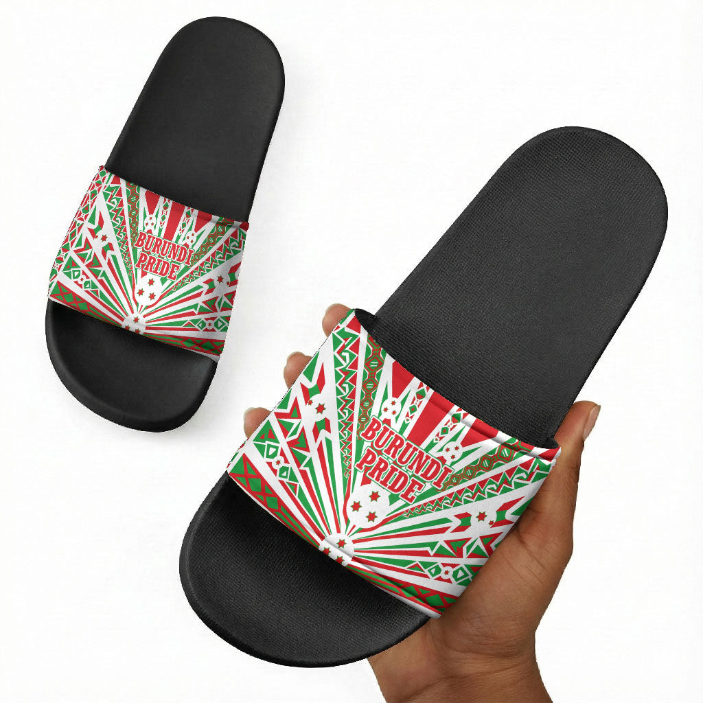 Burundi Pride Beat Of 1962 Independence Day Slide Sandals Traditional Karyenda Drummer Art With Flag Sunburst Design