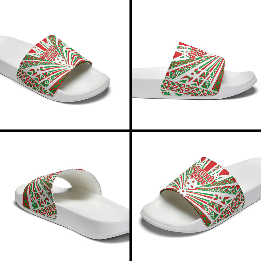 Burundi Pride Beat Of 1962 Independence Day Slide Sandals Traditional Karyenda Drummer Art With Flag Sunburst Design