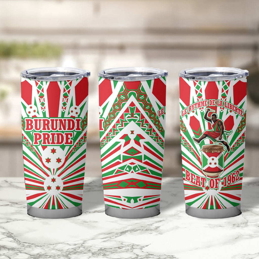 Burundi Pride Beat Of 1962 Independence Day Tumbler Cup Traditional Karyenda Drummer Art With Flag Sunburst Design