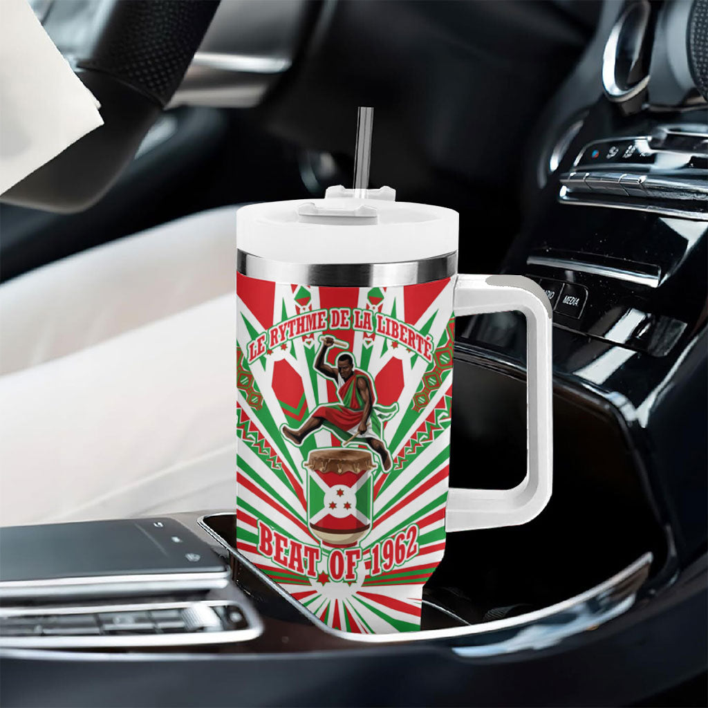 Burundi Pride Beat Of 1962 Independence Day Tumbler With Handle Traditional Karyenda Drummer Art With Flag Sunburst Design