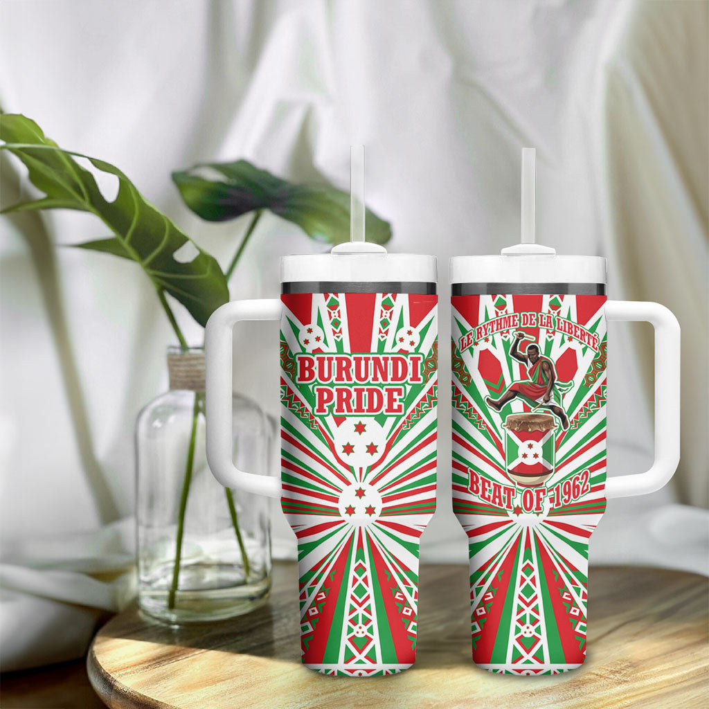 Burundi Pride Beat Of 1962 Independence Day Tumbler With Handle Traditional Karyenda Drummer Art With Flag Sunburst Design
