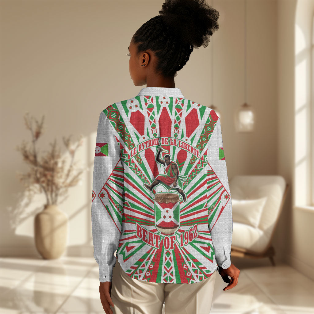Burundi Pride Beat Of 1962 Independence Day Women Casual Shirt Traditional Karyenda Drummer Art With Flag Sunburst Design