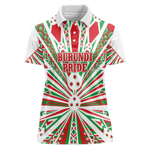 Burundi Pride Beat Of 1962 Independence Day Women Polo Shirt Traditional Karyenda Drummer Art With Flag Sunburst Design