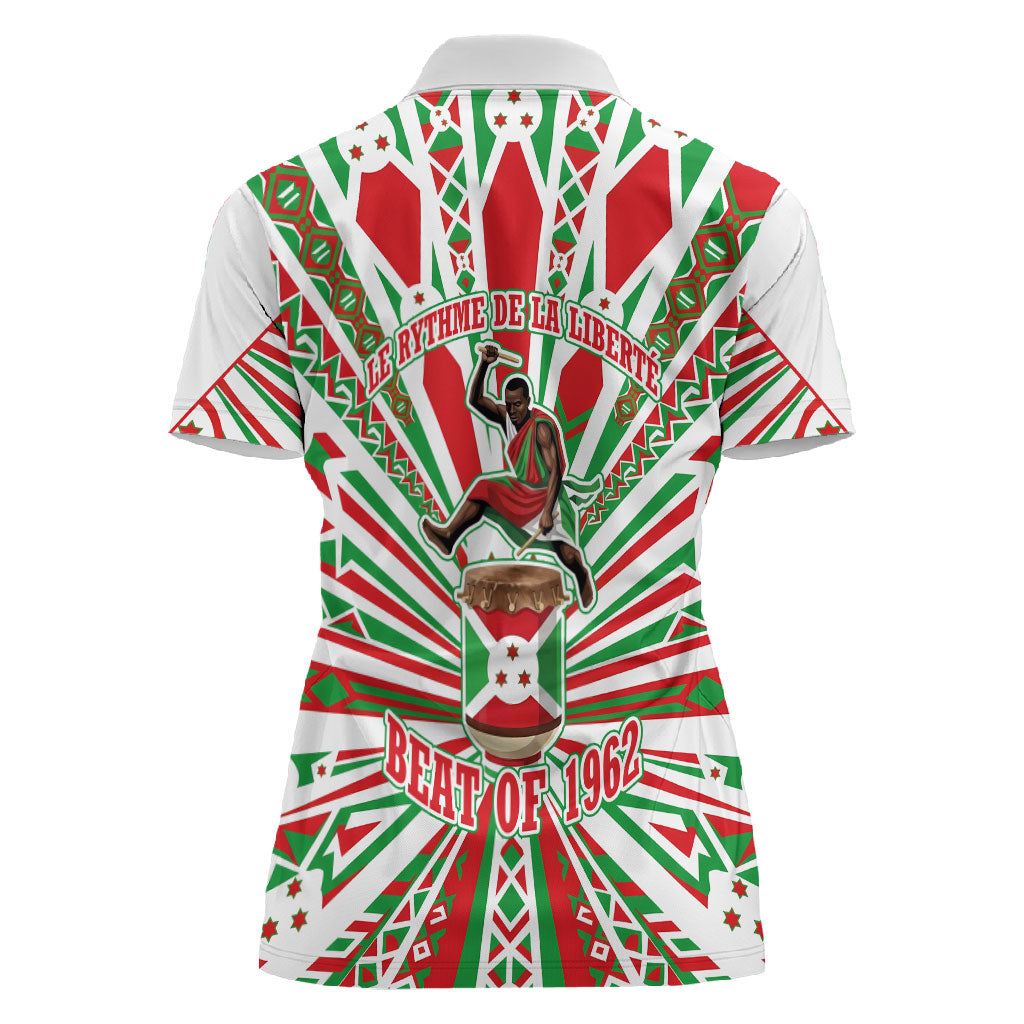 Burundi Pride Beat Of 1962 Independence Day Women Polo Shirt Traditional Karyenda Drummer Art With Flag Sunburst Design