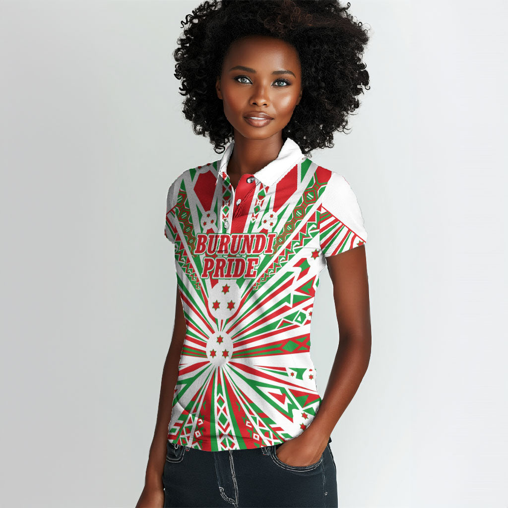 Burundi Pride Beat Of 1962 Independence Day Women Polo Shirt Traditional Karyenda Drummer Art With Flag Sunburst Design