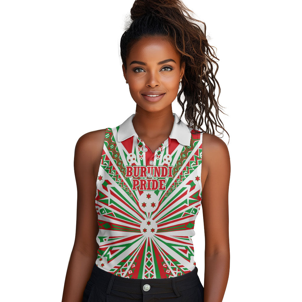 Burundi Pride Beat Of 1962 Independence Day Women Sleeveless Polo Shirt Traditional Karyenda Drummer Art With Flag Sunburst Design