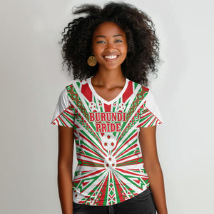 Burundi Pride Beat Of 1962 Independence Day Women V-Neck T-Shirt Traditional Karyenda Drummer Art With Flag Sunburst Design