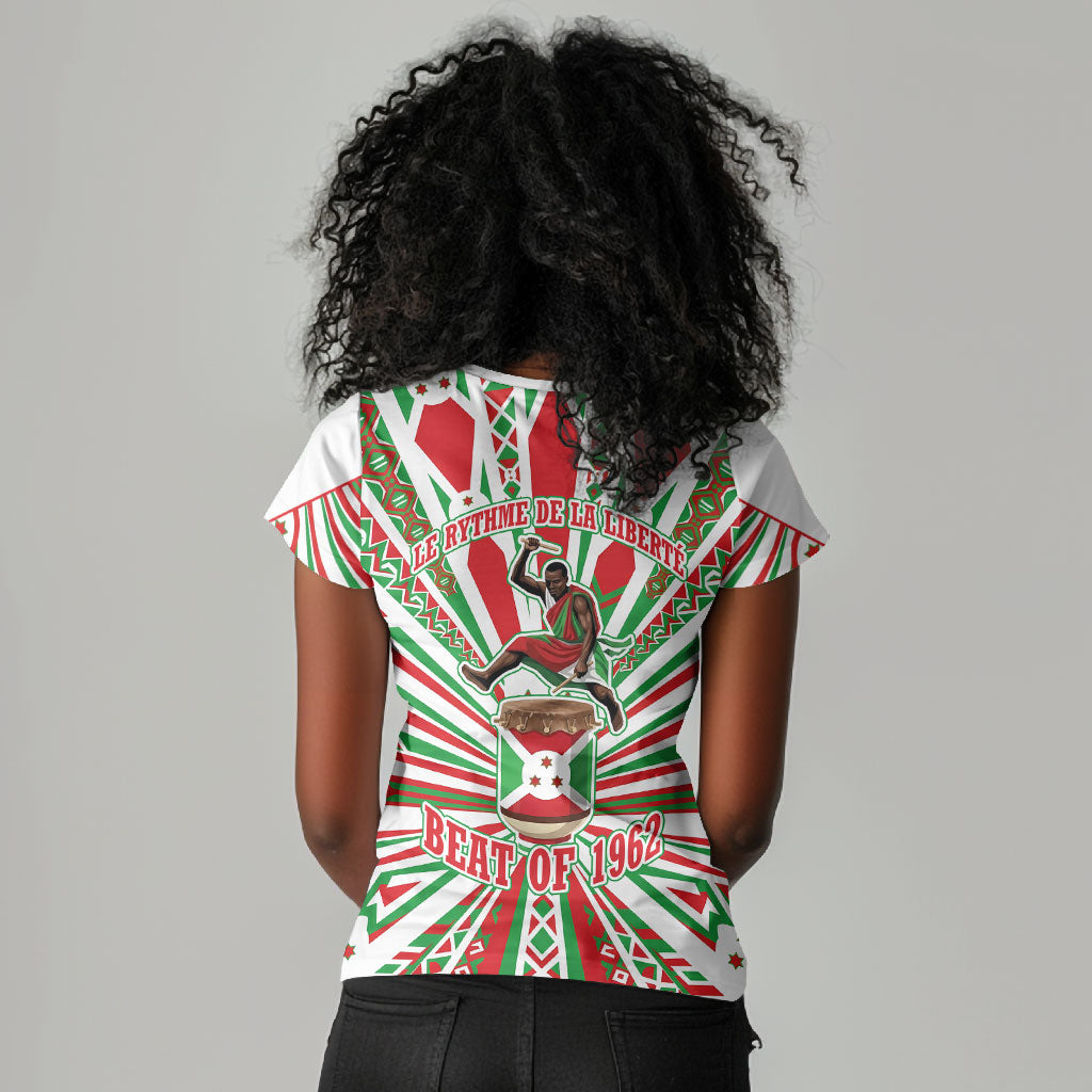 Burundi Pride Beat Of 1962 Independence Day Women V-Neck T-Shirt Traditional Karyenda Drummer Art With Flag Sunburst Design