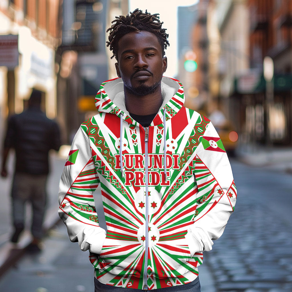 Burundi Pride Beat Of 1962 Independence Day Zip Hoodie Traditional Karyenda Drummer Art With Flag Sunburst Design