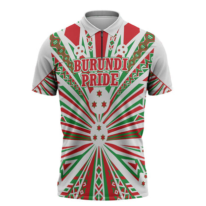 Burundi Pride Beat Of 1962 Independence Day Zipper Polo Shirt Traditional Karyenda Drummer Art With Flag Sunburst Design