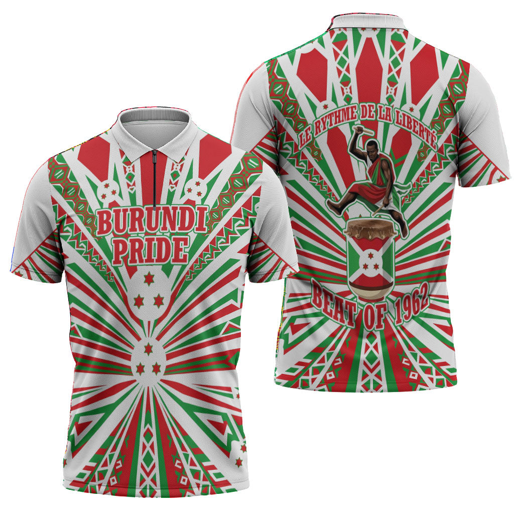 Burundi Pride Beat Of 1962 Independence Day Zipper Polo Shirt Traditional Karyenda Drummer Art With Flag Sunburst Design