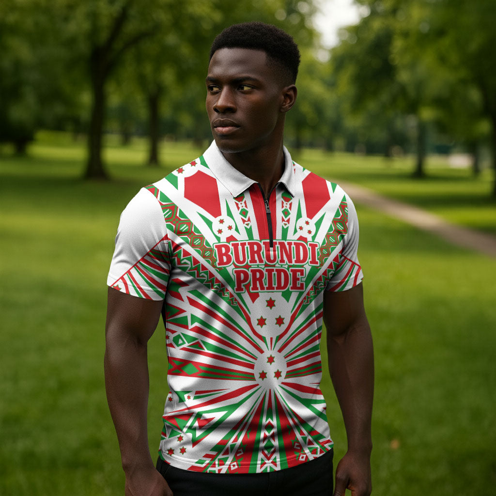 Burundi Pride Beat Of 1962 Independence Day Zipper Polo Shirt Traditional Karyenda Drummer Art With Flag Sunburst Design