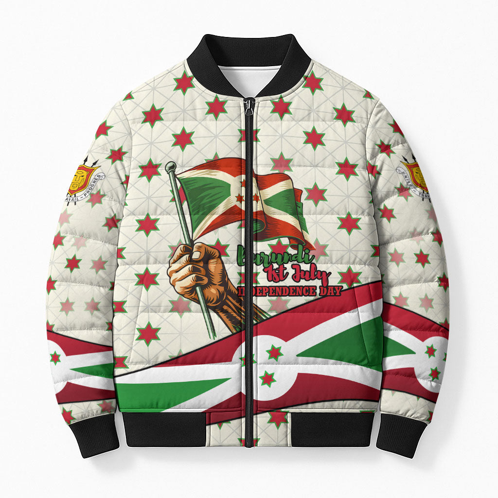 Burundi 1st July Independence Day Bomber Puffer Jacket Patriotic Flag Portrait Art - Geometric Star Pattern