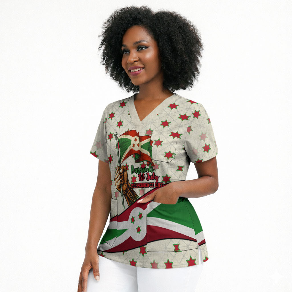 Burundi 1st July Independence Day Scrub Top Patriotic Flag Portrait Art - Geometric Star Pattern