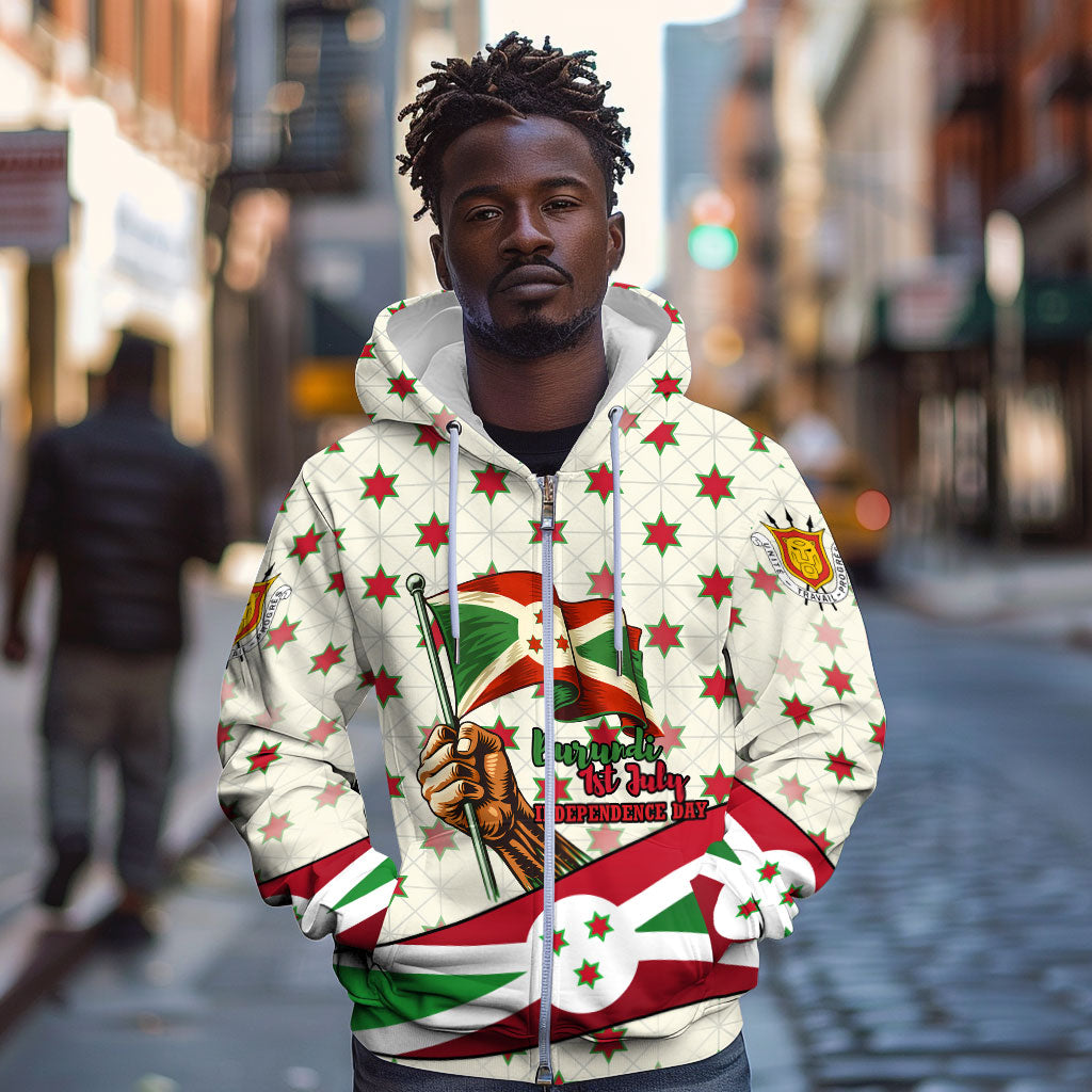 Burundi 1st July Independence Day Zip Hoodie Patriotic Flag Portrait Art - Geometric Star Pattern