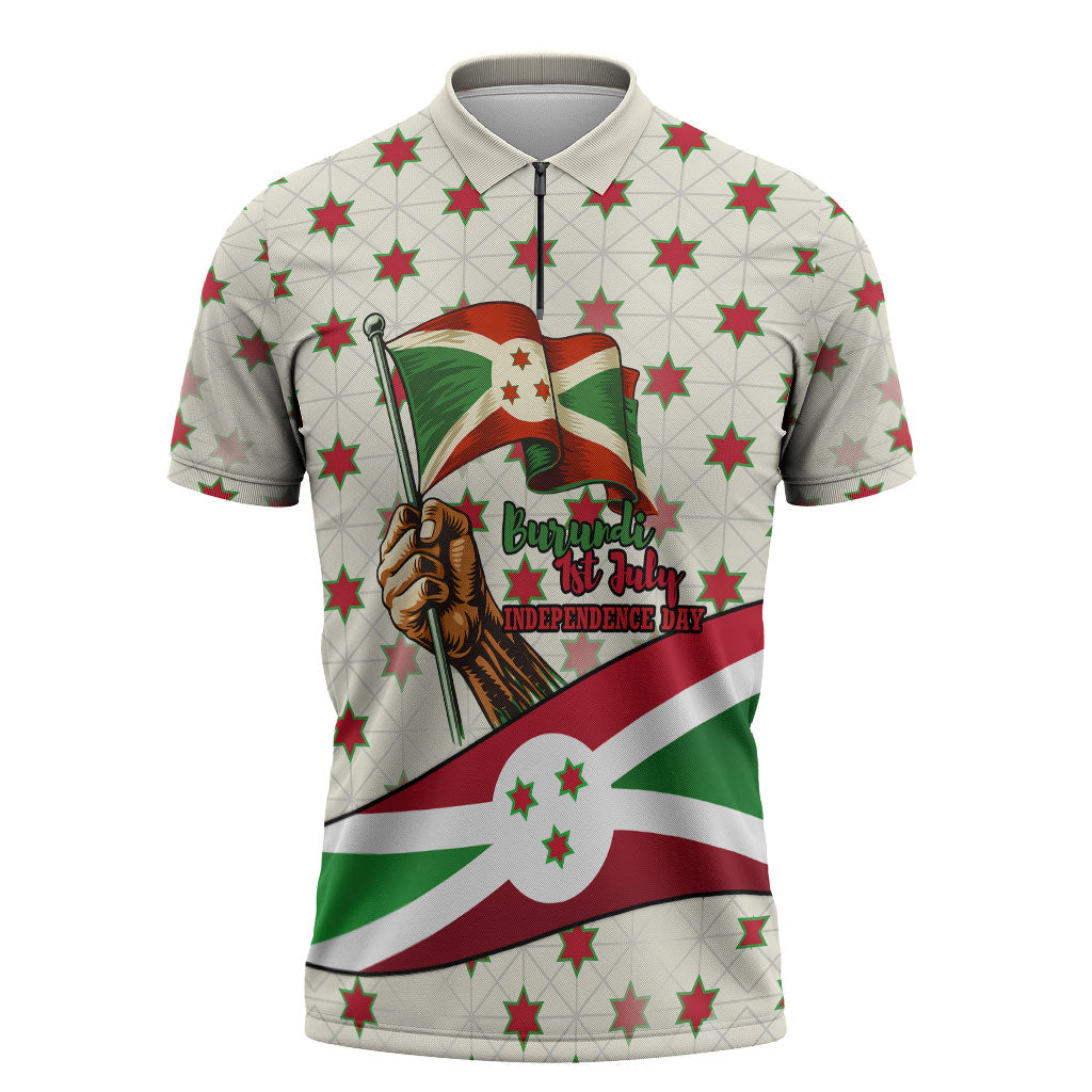 Burundi 1st July Independence Day Zipper Polo Shirt Patriotic Flag Portrait Art - Geometric Star Pattern