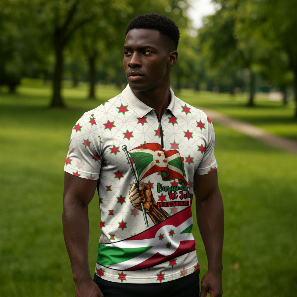 Burundi 1st July Independence Day Zipper Polo Shirt Patriotic Flag Portrait Art - Geometric Star Pattern