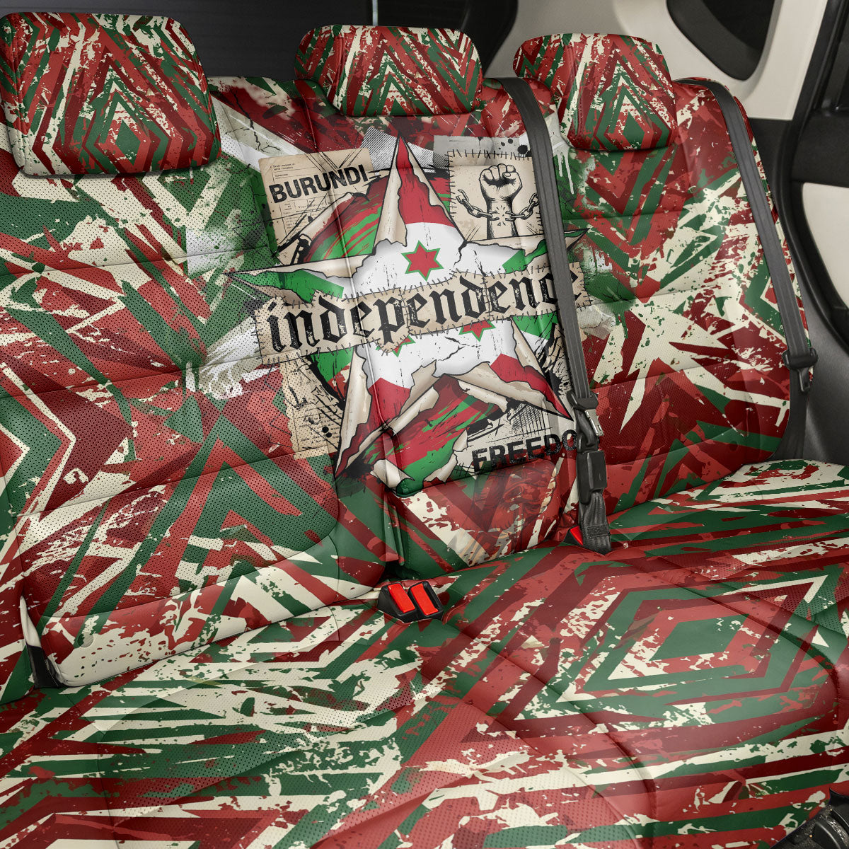 Burundi Independence Day Back Car Seat Cover 1st July 1962 Distressed Grunge Flag Art - Broken Chains And Freedom Star