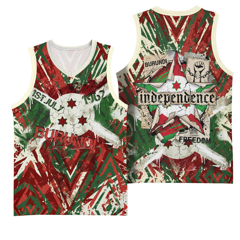 Burundi Independence Day Basketball Jersey 1st July 1962 Distressed Grunge Flag Art - Broken Chains And Freedom Star