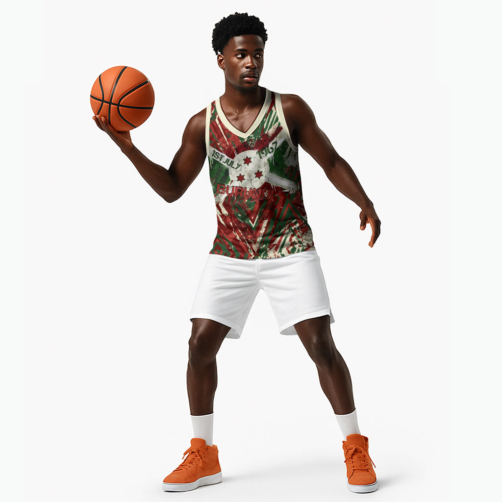 Burundi Independence Day Basketball Jersey 1st July 1962 Distressed Grunge Flag Art - Broken Chains And Freedom Star