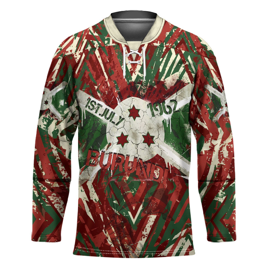 Burundi Independence Day Hockey Jersey 1st July 1962 Distressed Grunge Flag Art - Broken Chains And Freedom Star