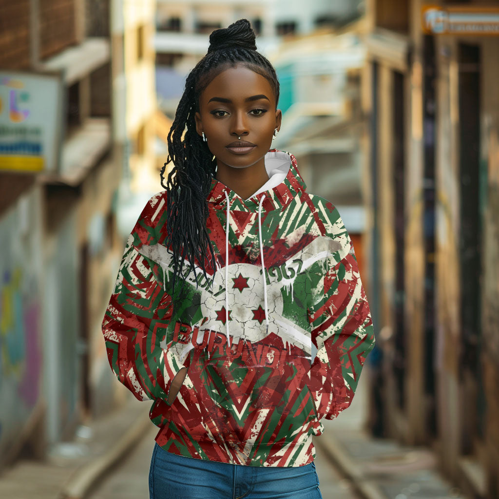 Burundi Independence Day Hoodie 1st July 1962 Distressed Grunge Flag Art - Broken Chains And Freedom Star