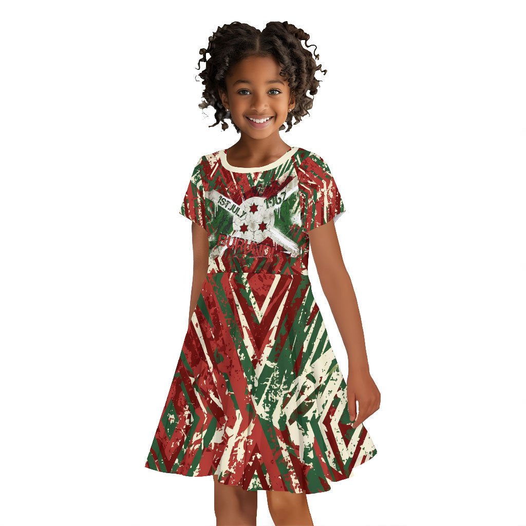 Burundi Independence Day Kid Short Sleeve Dress 1st July 1962 Distressed Grunge Flag Art - Broken Chains And Freedom Star