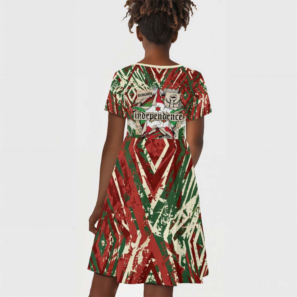 Burundi Independence Day Kid Short Sleeve Dress 1st July 1962 Distressed Grunge Flag Art - Broken Chains And Freedom Star