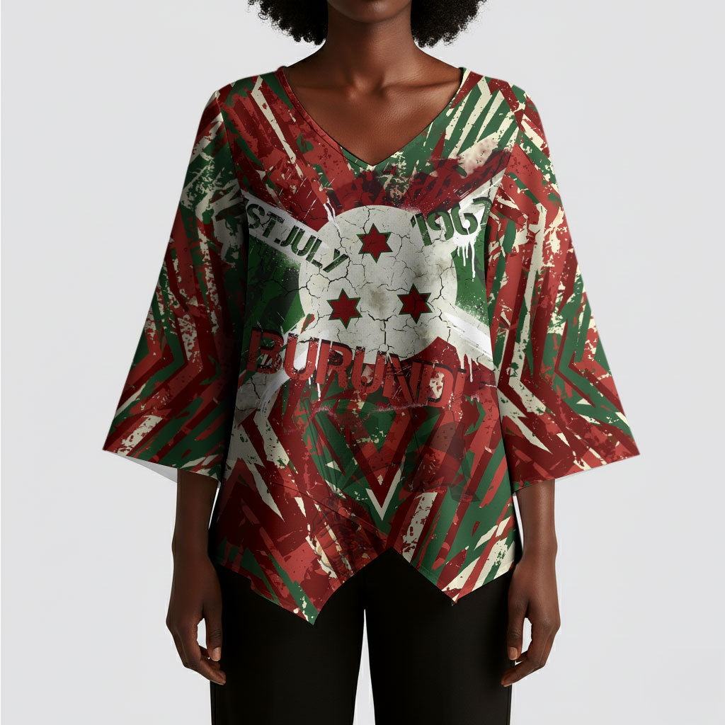 Burundi Independence Day Kimono Sleeve Blouse 1st July 1962 Distressed Grunge Flag Art - Broken Chains And Freedom Star