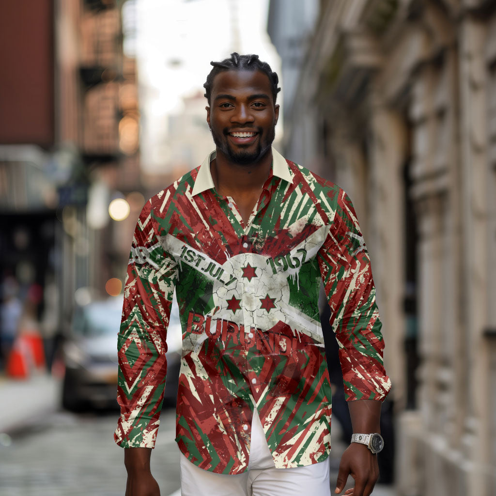 Burundi Independence Day Long Sleeve Button Shirt 1st July 1962 Distressed Grunge Flag Art - Broken Chains And Freedom Star