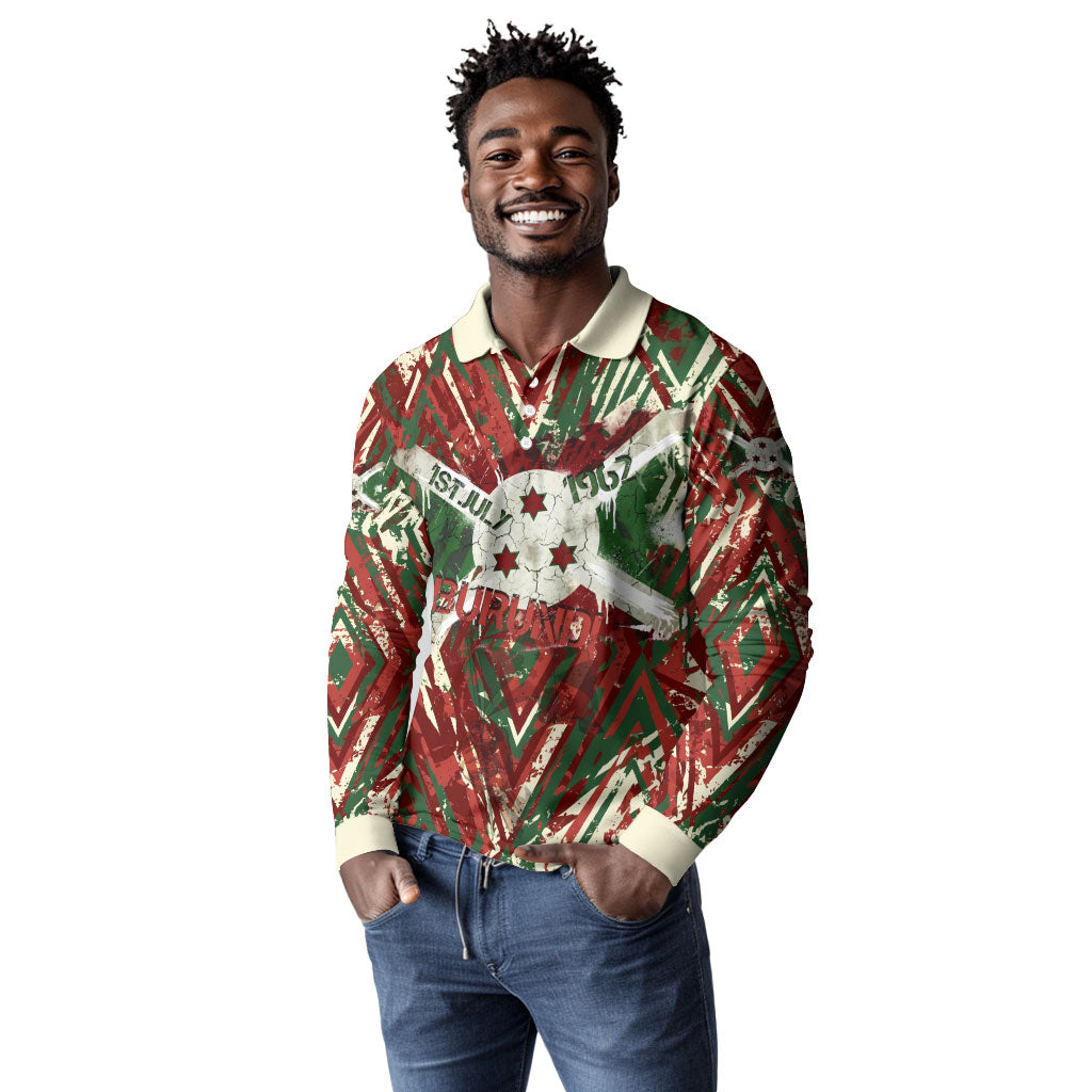 Burundi Independence Day Long Sleeve Polo Shirt 1st July 1962 Distressed Grunge Flag Art - Broken Chains And Freedom Star