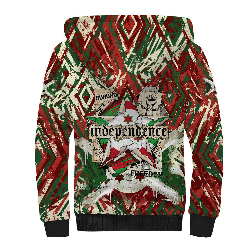 Burundi Independence Day Sherpa Hoodie 1st July 1962 Distressed Grunge Flag Art - Broken Chains And Freedom Star