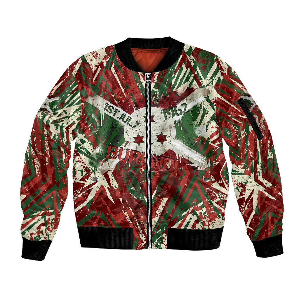 Burundi Independence Day Sleeve Zip Bomber Jacket 1st July 1962 Distressed Grunge Flag Art - Broken Chains And Freedom Star