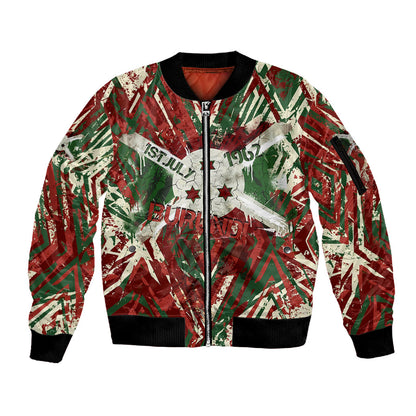 Burundi Independence Day Sleeve Zip Bomber Jacket 1st July 1962 Distressed Grunge Flag Art - Broken Chains And Freedom Star