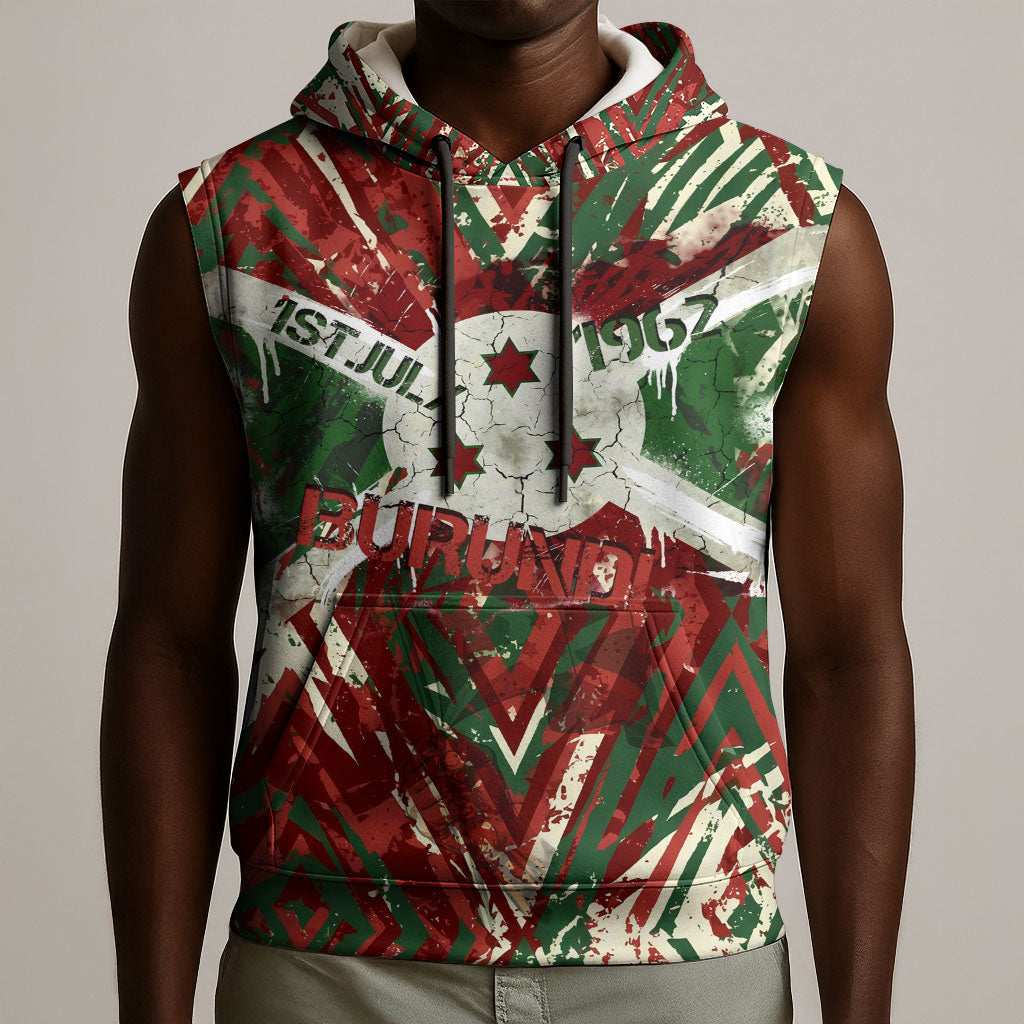 Burundi Independence Day Sleeveless Hoodie 1st July 1962 Distressed Grunge Flag Art - Broken Chains And Freedom Star
