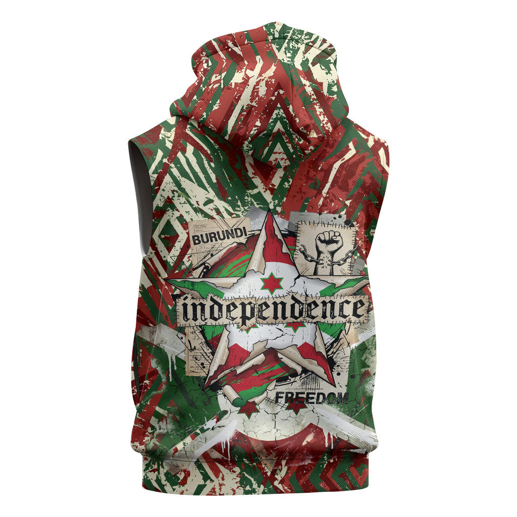 Burundi Independence Day Sleeveless Zip Hoodie 1st July 1962 Distressed Grunge Flag Art - Broken Chains And Freedom Star
