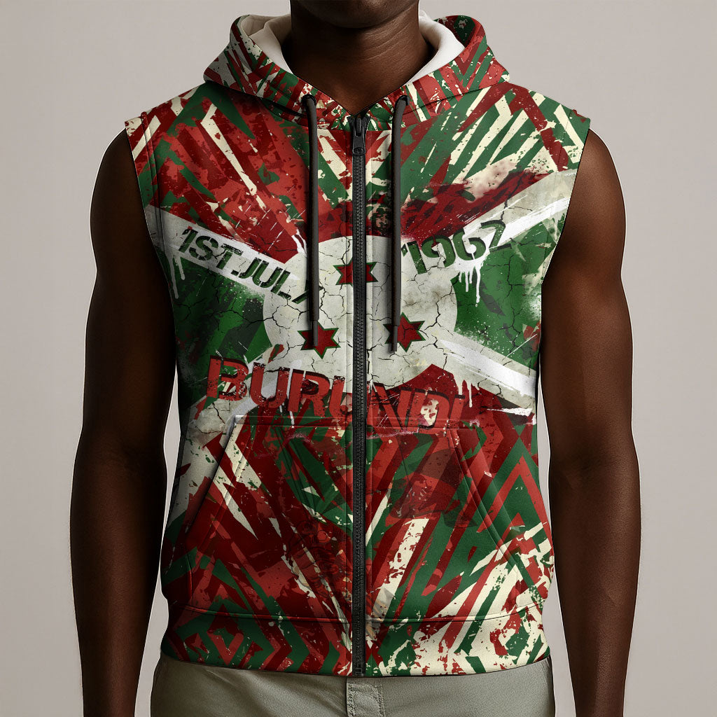 Burundi Independence Day Sleeveless Zip Hoodie 1st July 1962 Distressed Grunge Flag Art - Broken Chains And Freedom Star