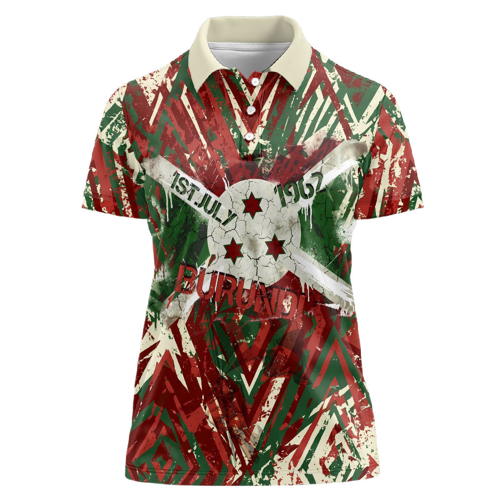 Burundi Independence Day Women Polo Shirt 1st July 1962 Distressed Grunge Flag Art - Broken Chains And Freedom Star