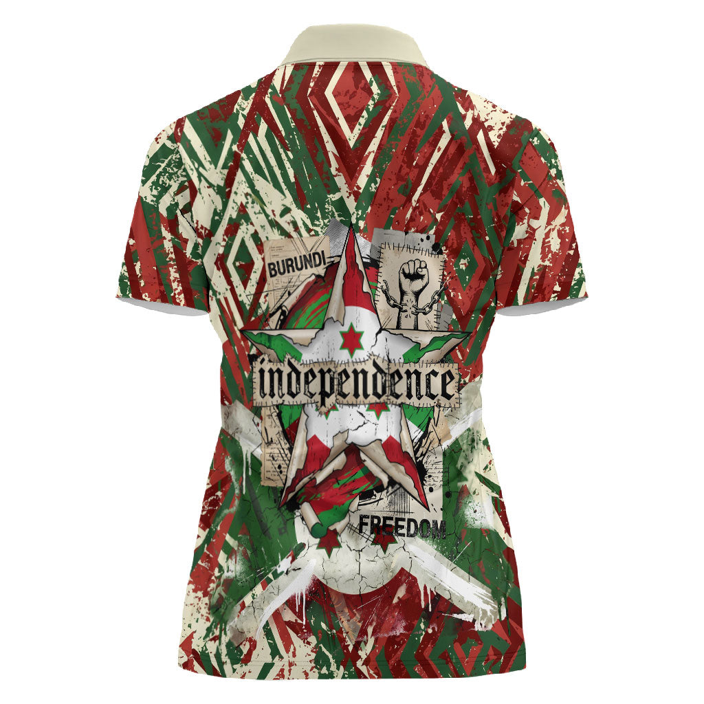 Burundi Independence Day Women Polo Shirt 1st July 1962 Distressed Grunge Flag Art - Broken Chains And Freedom Star