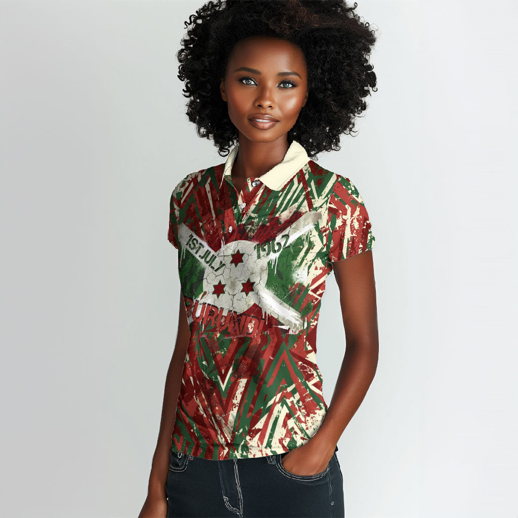 Burundi Independence Day Women Polo Shirt 1st July 1962 Distressed Grunge Flag Art - Broken Chains And Freedom Star