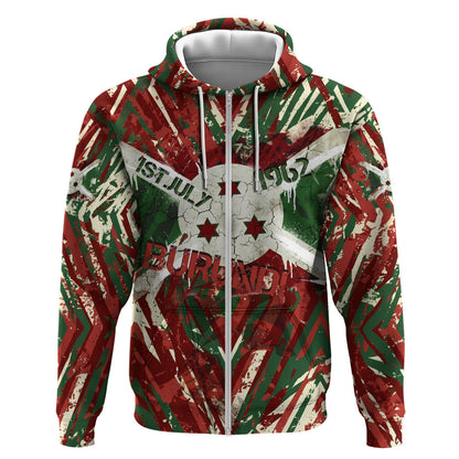 Burundi Independence Day Zip Hoodie 1st July 1962 Distressed Grunge Flag Art - Broken Chains And Freedom Star