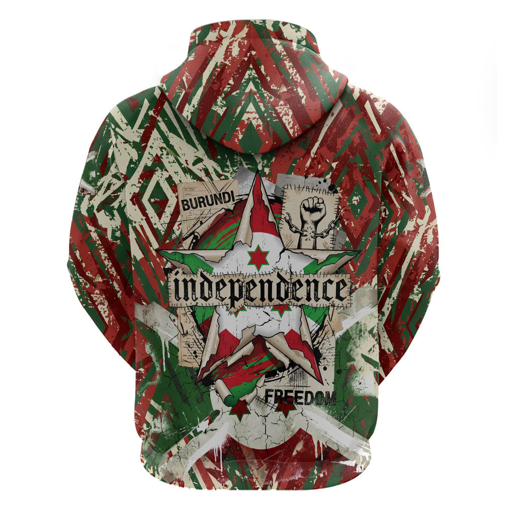 Burundi Independence Day Zip Hoodie 1st July 1962 Distressed Grunge Flag Art - Broken Chains And Freedom Star