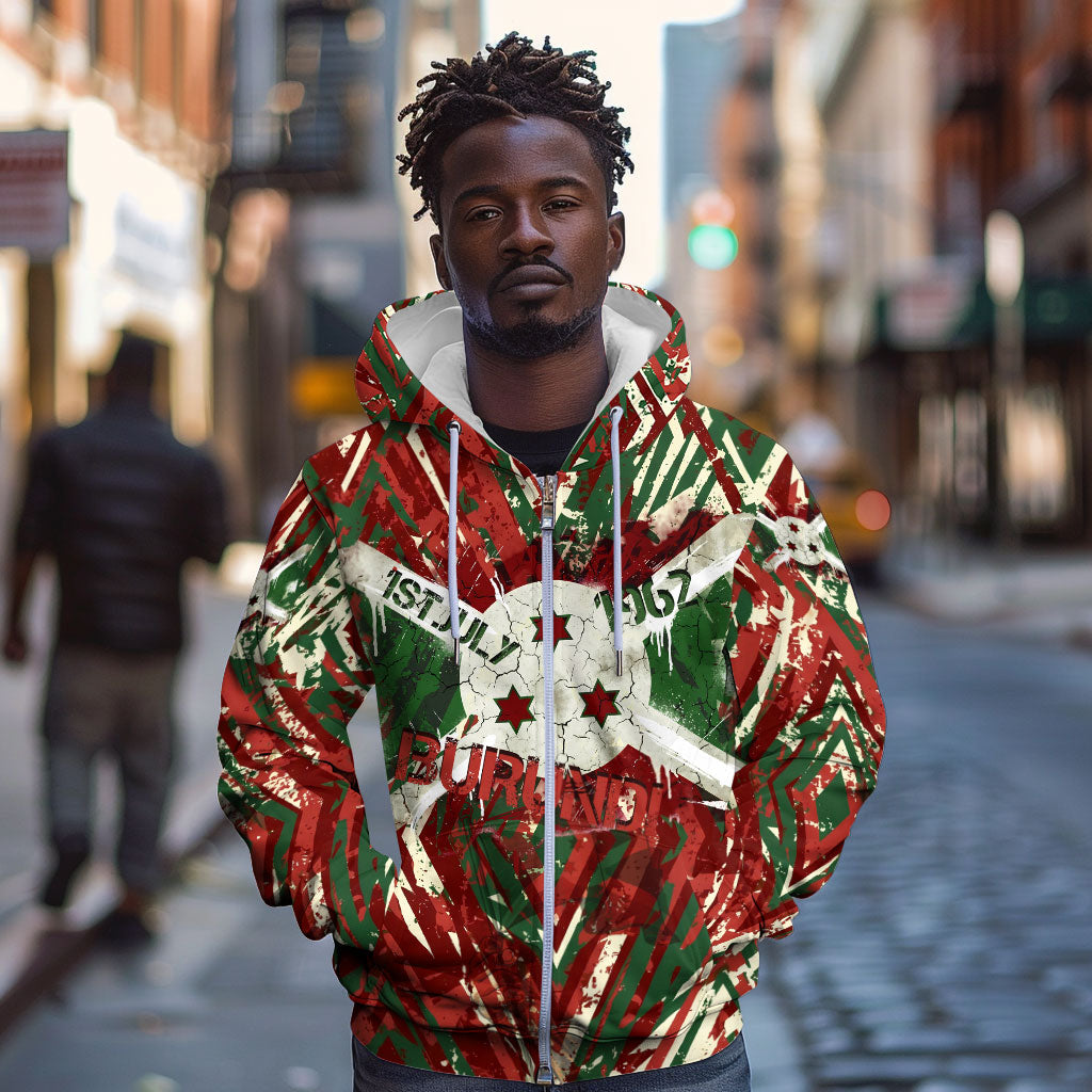 Burundi Independence Day Zip Hoodie 1st July 1962 Distressed Grunge Flag Art - Broken Chains And Freedom Star