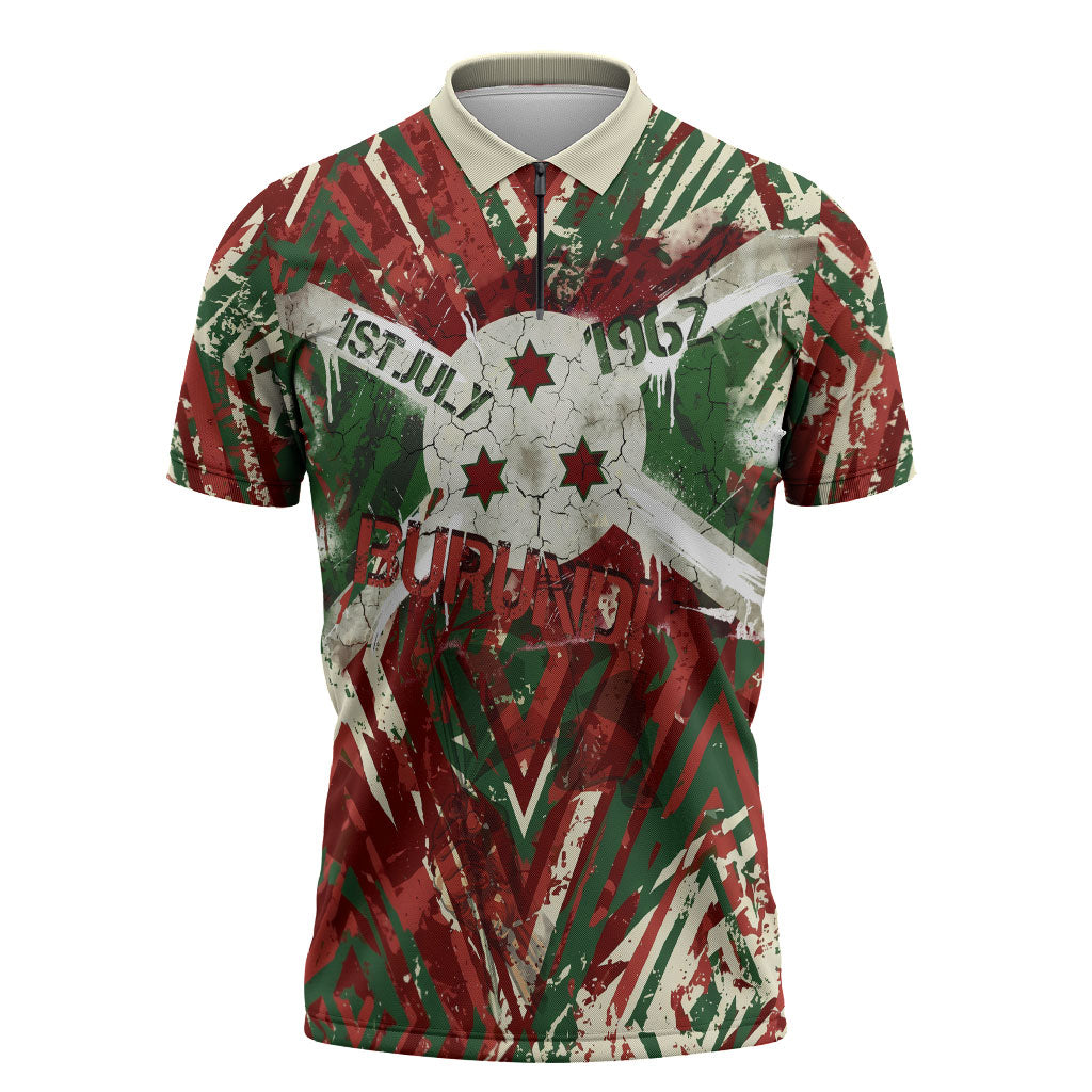 Burundi Independence Day Zipper Polo Shirt 1st July 1962 Distressed Grunge Flag Art - Broken Chains And Freedom Star