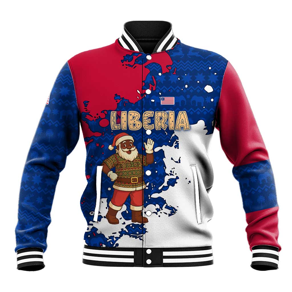 Liberia Christmas Baseball Jacket Santa Claus Map Graphic and Red Blue Festive - African Pride